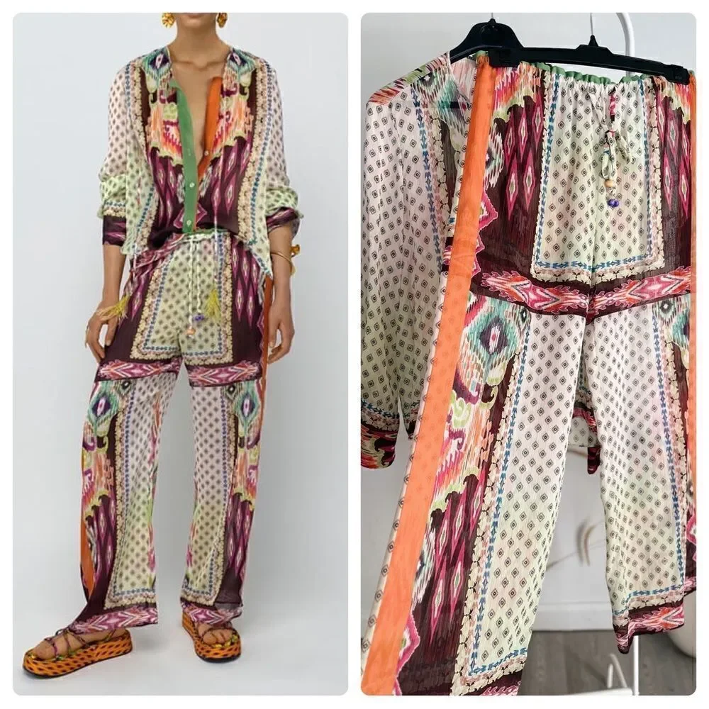 Zara Co-Ord Set Pants Blouse Feathers